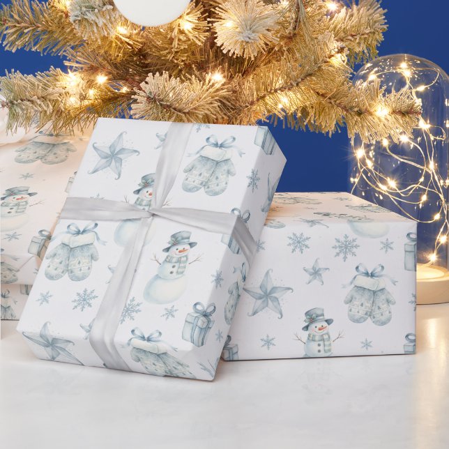 Winter Mittens & Snowman Blue Christmas Gift Wrapping Paper (Holidays)