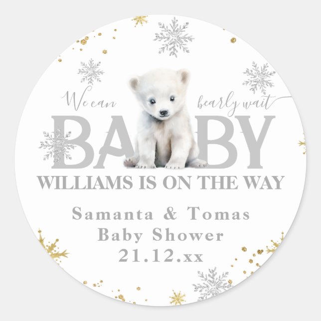 Winter Modern Bearly Wait Baby Shower Welcome Classic Round Sticker (Front)