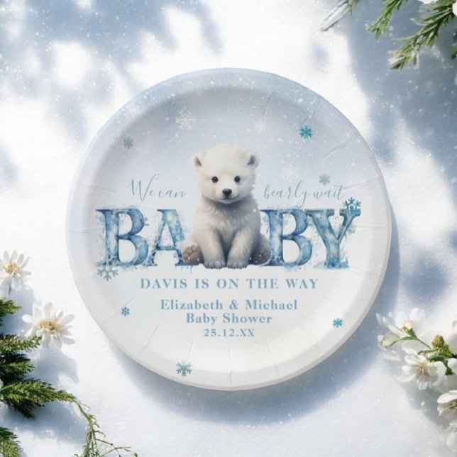 Winter Modern Bearly Wait Snowflake Baby Shower Paper Plates (Creator Uploaded)
