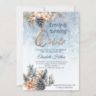 Winter modern frost floral first birthday invitation