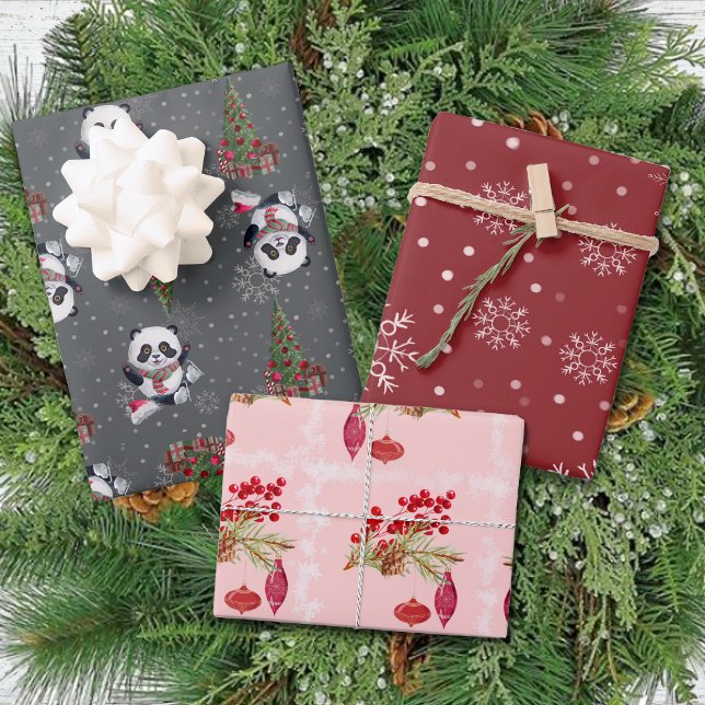 Winter Modern Fun Panda Red Pink Grey Christmas Wrapping Paper Sheets (Creator Uploaded)