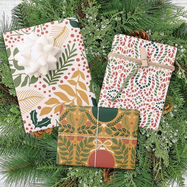 Winter Modern Muted Ornament Leaves Christmas Wrapping Paper Sheets (Creator Uploaded)
