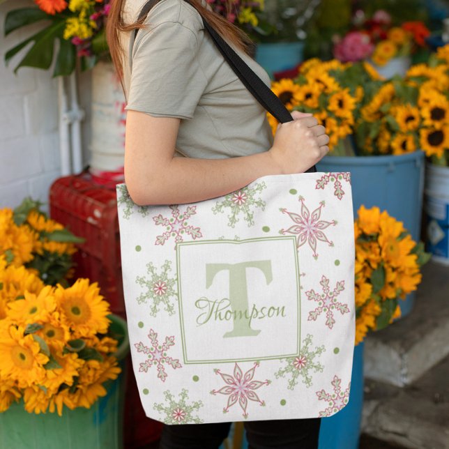 Winter Monogram Snowflake Modern Holiday Stylish Tote Bag (Christmas colorful snowflake pattern monogram tote bag)