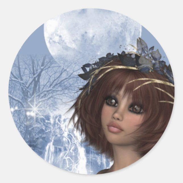 Winter Moon  - Fantasy Woman Design Classic Round Sticker (Front)