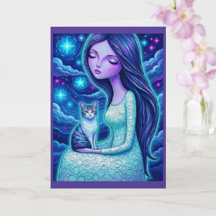 Winter Moon Maiden Silver Cat Fantasy Art Card