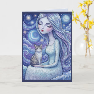 Winter Moon Maiden Silver Cat Fantasy Christmas Card