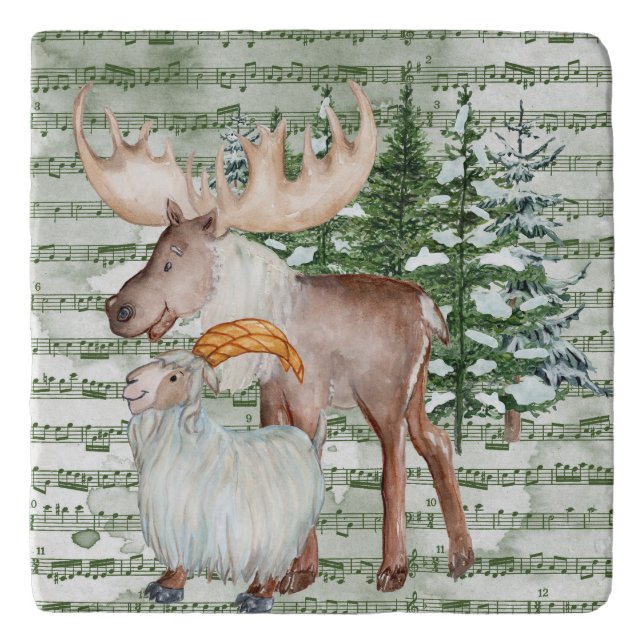 Winter Moose and Goat   Trivet (Front)