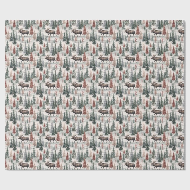 Winter Moose Forest Watercolor Wrapping Paper (Flat)