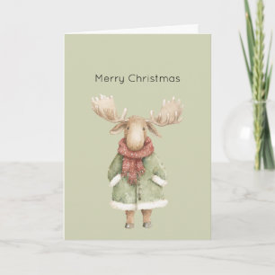 Winter Moose Red Scarf Green Coat Christmas Card