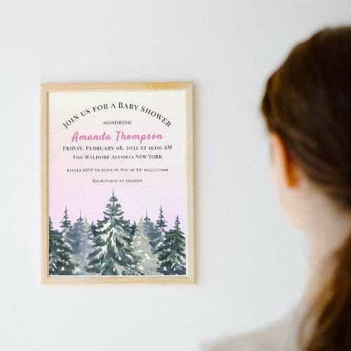 Winter Morning Forest Watercolor Pink Pine Tree Invitation