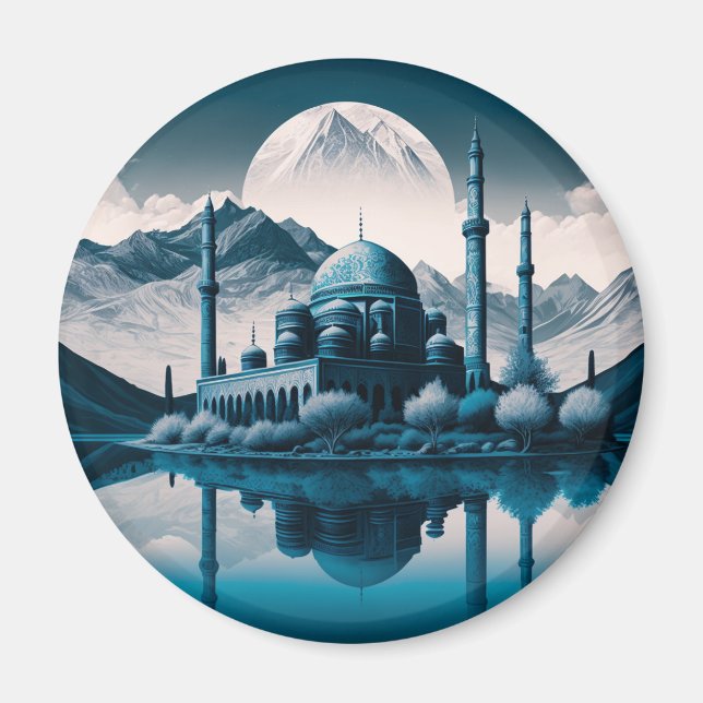 Winter Mosque Masjid Lake Theme Fridge Magnet (Front)