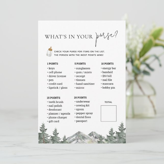 Winter Mountain Baby Shower Purse Game Cards (Standing Front)