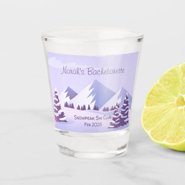 Winter Mountain Bachelorette Personalized  Shot Glass (Front)