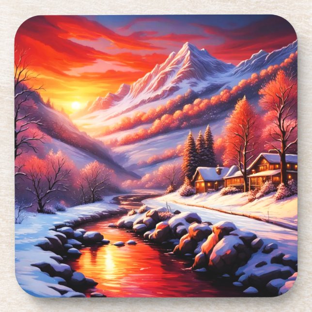 Winter Mountain Cabin Beverage Coaster (Front)