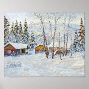 Winter Mountain Farm Christmas Painting Poster