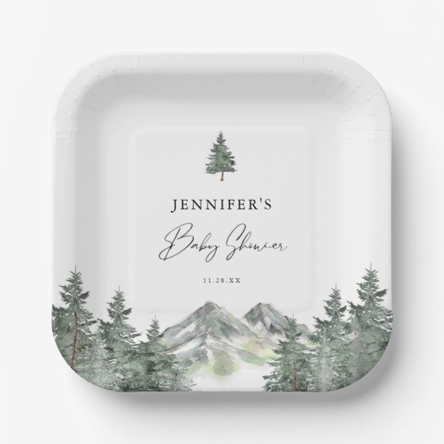 Winter Mountain Forest Baby Shower Paper Plates (Front)