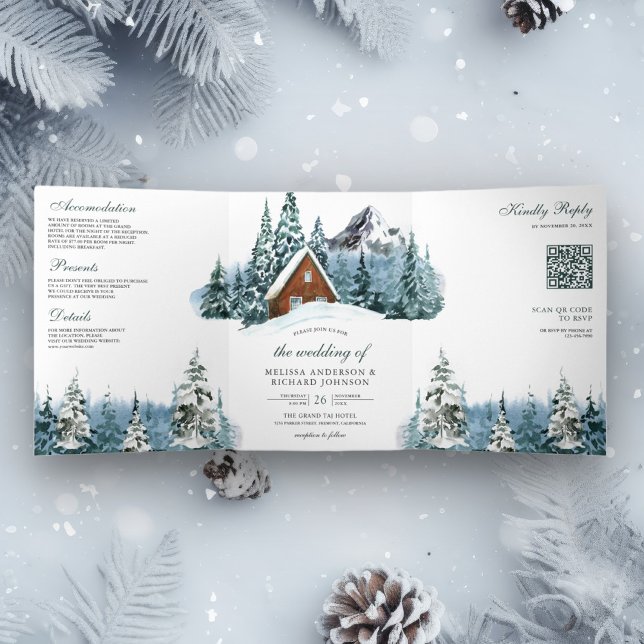 Winter Mountain Forest Cabin Lodge QR Code Wedding Tri-Fold Invitation (Creator Uploaded)