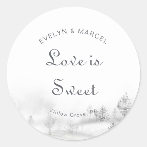 Winter Mountain Forest Wedding Love is Sweet   Classic Round Sticker