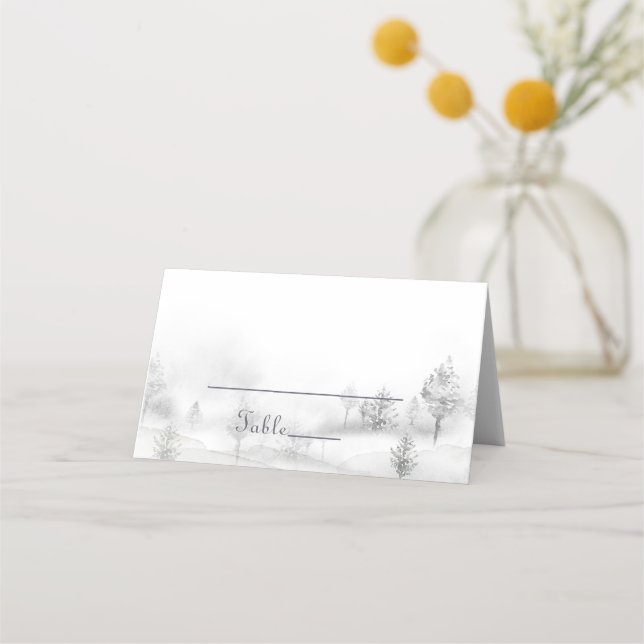 Winter Mountain Forest Wedding Place Card (Front)
