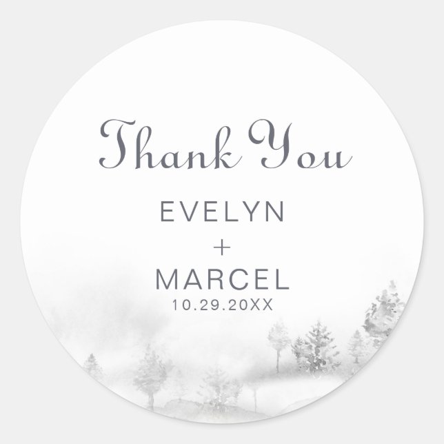 Winter Mountain Forest Wedding Thank You  Classic Round Sticker (Front)
