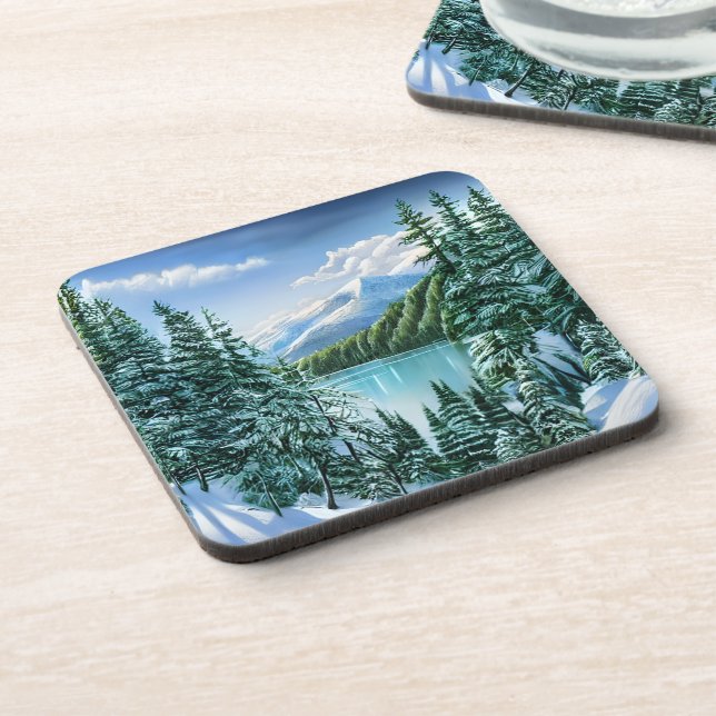  Winter Mountain Lake Pine Trees Nature Beverage Coaster (Left Side)