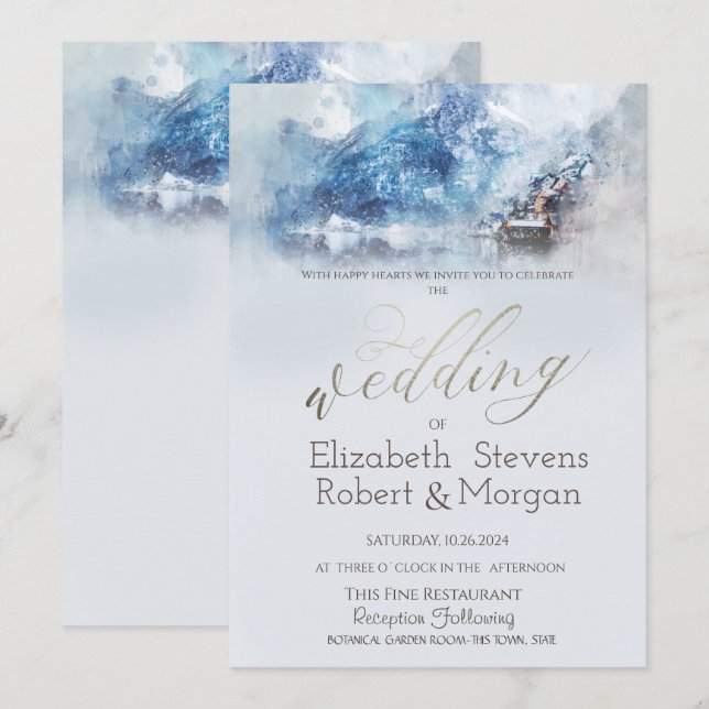 Winter Mountain Lake Snow Wedding   Invitation (Front/Back)