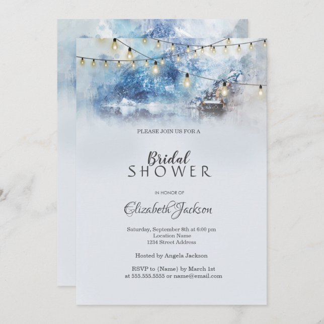 Winter Mountain Lake String Lights Invitation (Front/Back)