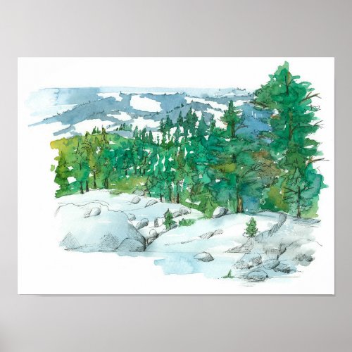 Winter Mountain Landscape Rocks Evergreen Trees Poster
