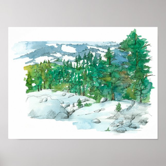Winter Mountain Landscape Rocks Evergreen Trees Poster (Front)