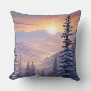 Winter mountain landscape with fir trees and sun throw pillow
