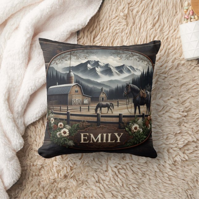 Winter Mountain Landscape With Horses and Barn Throw Pillow (Blanket)