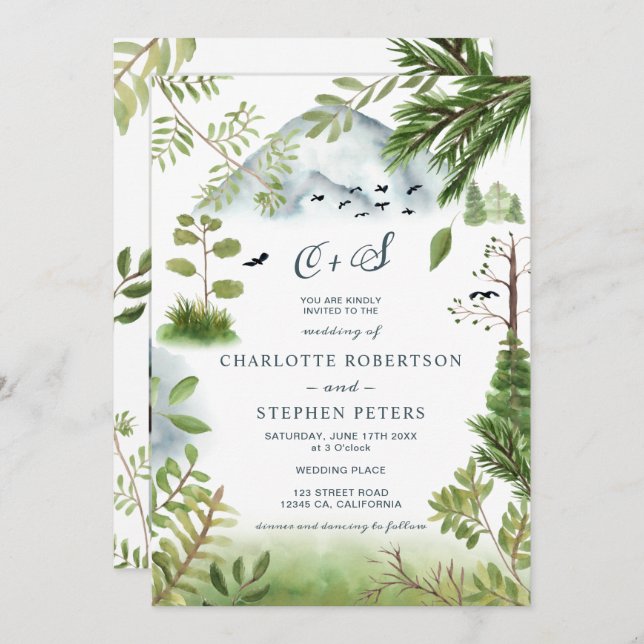 Winter mountain pine tree initials photo wedding invitation (Front/Back)