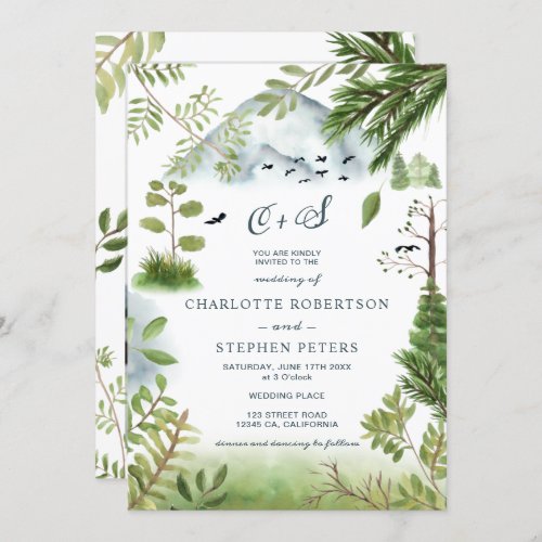 Winter mountain pine tree initials photo wedding invitation