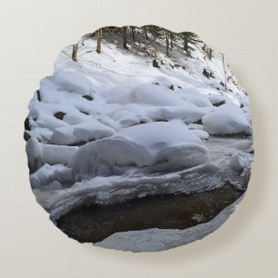 Winter Mountain River – Wild Nature Romania Round Pillow