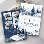 Winter Mountain Snowy Village Photo Blue Christmas Holiday Card<br><div class="desc">Elegant Christmas card featuring beautiful cabins and pine trees. Simply add your text on this easy-to-use template and adorn this card with your favorite photos to make it a one-of-a-kind holiday card.</div>