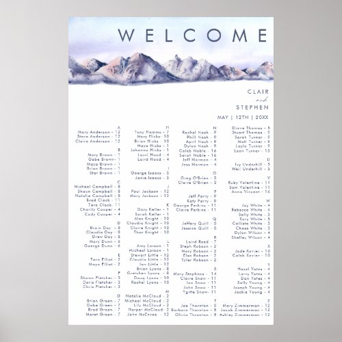 Winter Mountain Sunset Alphabetical Seating Chart