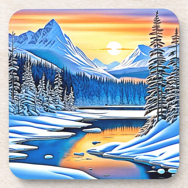 Winter Mountain Sunset Glow Beverage Coaster (Front)