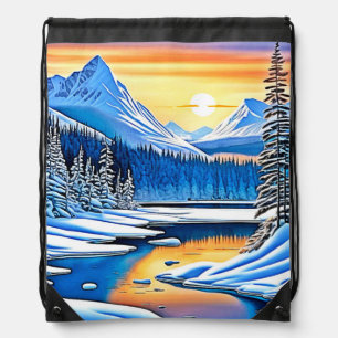 Winter Mountain Sunset Glow Drawstring Bag