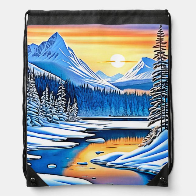 Winter Mountain Sunset Glow Drawstring Bag (Front)