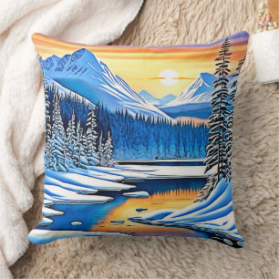Winter Mountain Sunset Glow Throw Pillow