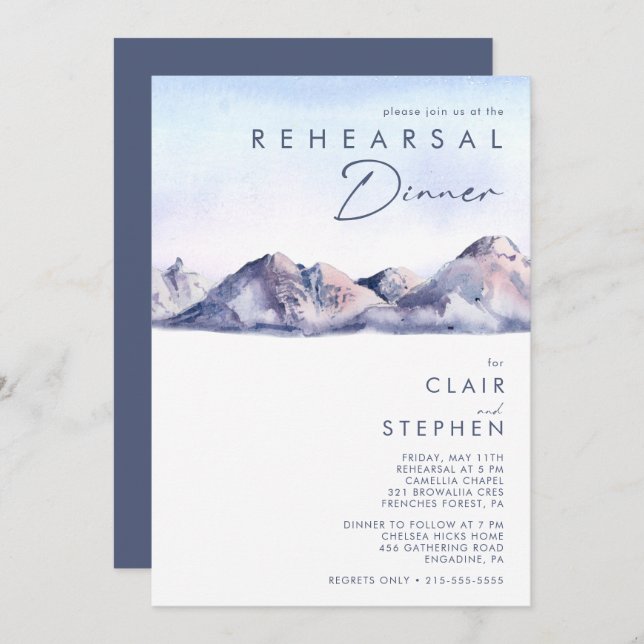 Winter Mountain Sunset Rehearsal Dinner Invitation (Front/Back)