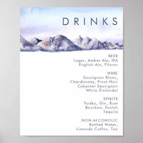 Winter Mountain Sunset Wedding Drinks Menu Poster