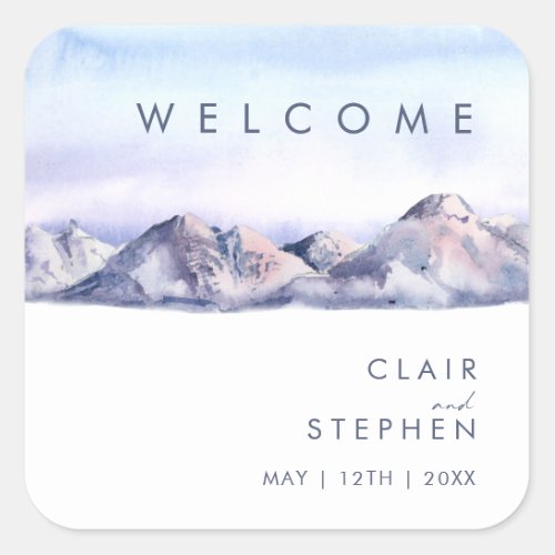 Winter Mountain Sunset Wedding Welcome Square Sticker