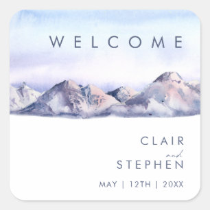 Winter Mountain Sunset Wedding Welcome Square Sticker