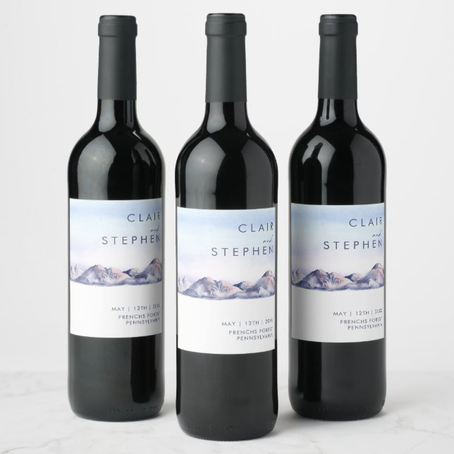 Winter Mountain Sunset Wedding Wine Label (Bottles)