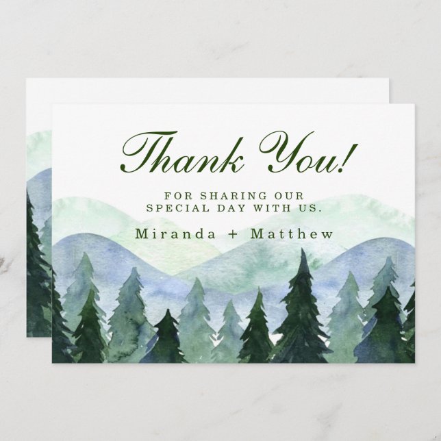 Winter Mountain Tree Scene Wedding Thank You Cards (Front/Back)