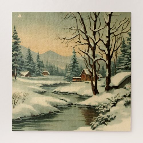 Winter Mountain Village by the Creek  Jigsaw Puzzle