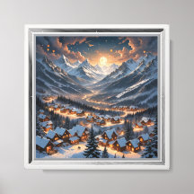 “Winter Mountain Village Under Moonlight – Cozy