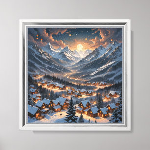 “Winter Mountain Village Under Moonlight – Cozy Canvas Print