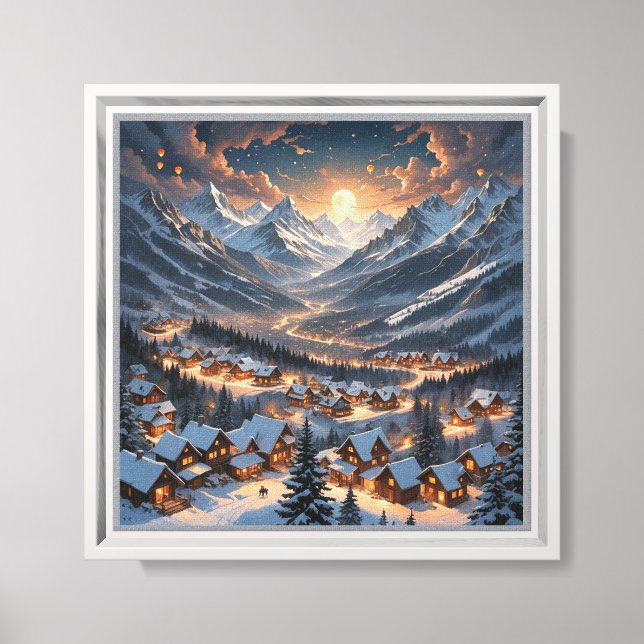 “Winter Mountain Village Under Moonlight – Cozy Canvas Print (Front)